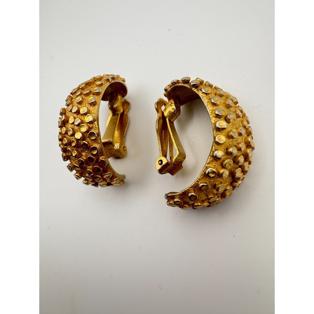 Vintage Norma Jean Earrings Gold Tone Studded Hoop Textured Large - Picture 2 of 7